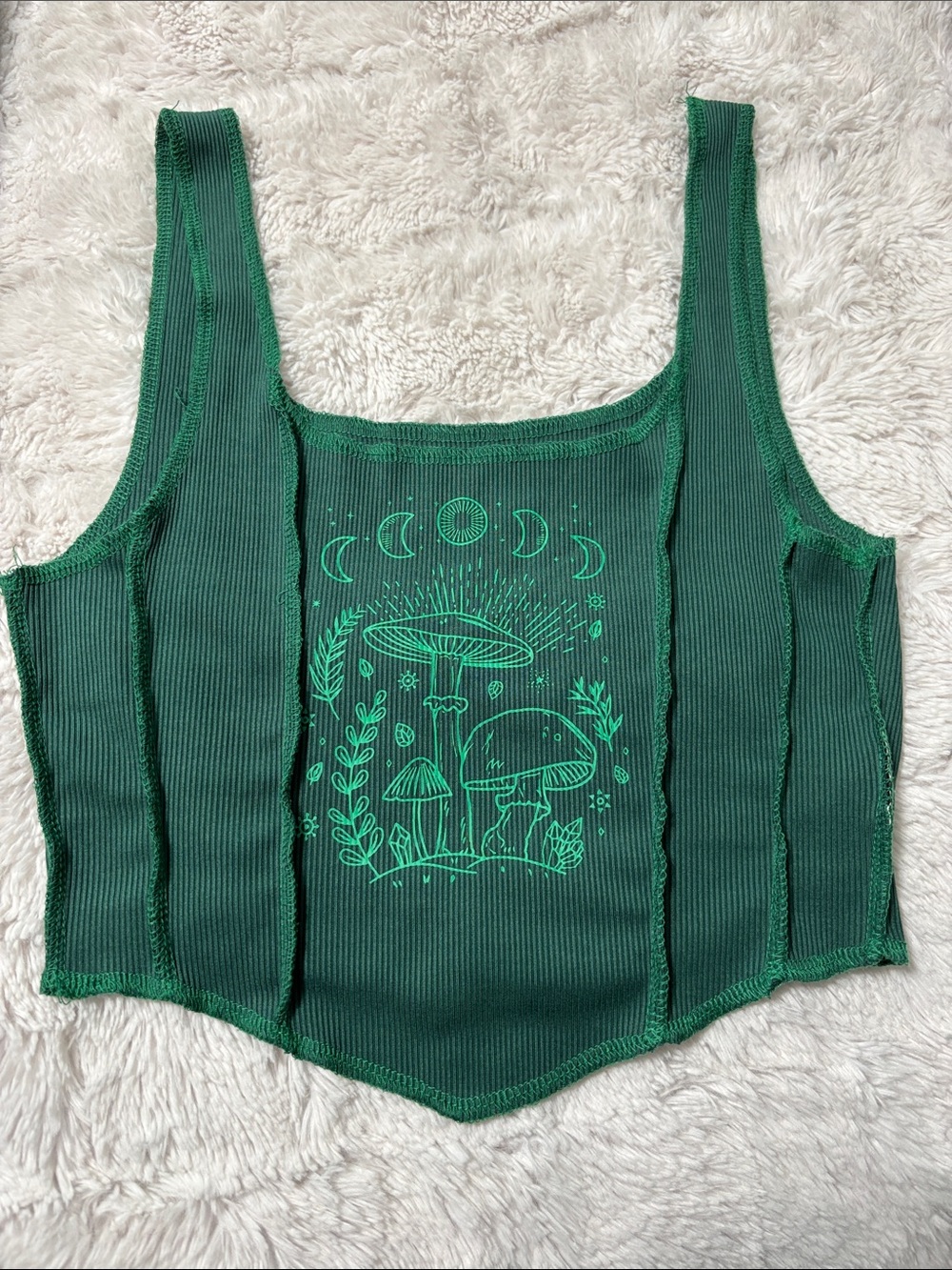 SHEIN Dark Green Ribbed Tank Top with Neon Mushroom Graphic